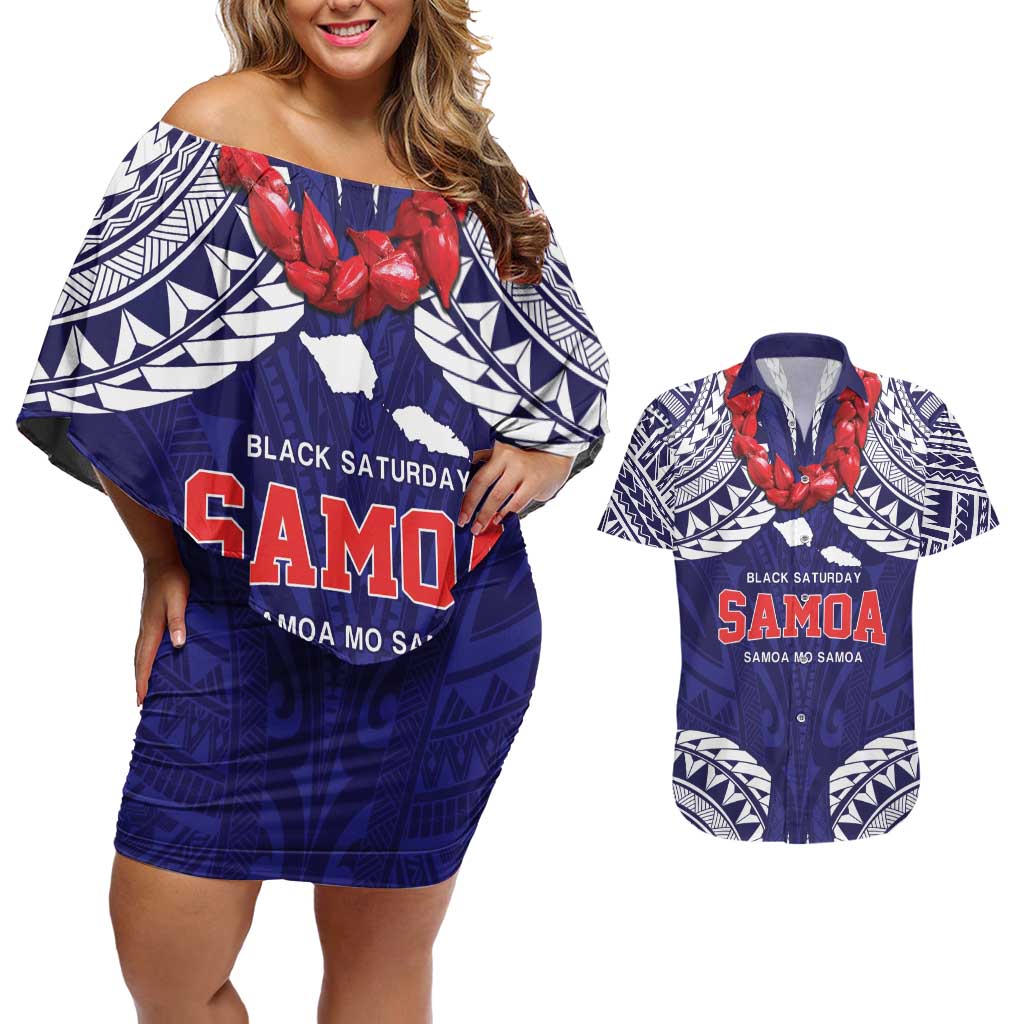 Samoa Black Saturday Couples Matching Off Shoulder Short Dress and Hawaiian Shirt Samoa mo Samoa with Blue Ula Fala