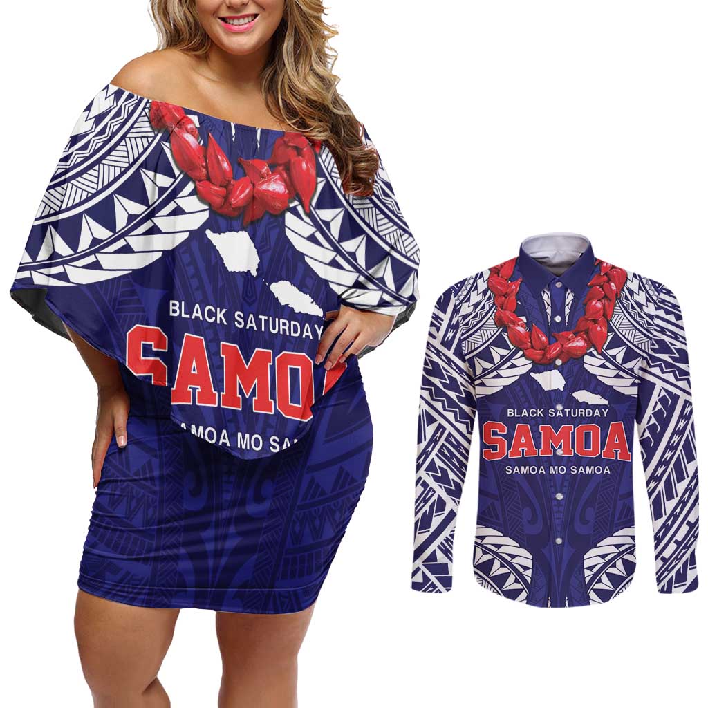 Samoa Black Saturday Couples Matching Off Shoulder Short Dress and Long Sleeve Button Shirt Samoa mo Samoa with Blue Ula Fala