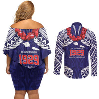 Samoa Black Saturday Couples Matching Off Shoulder Short Dress and Long Sleeve Button Shirt Samoa mo Samoa with Blue Ula Fala