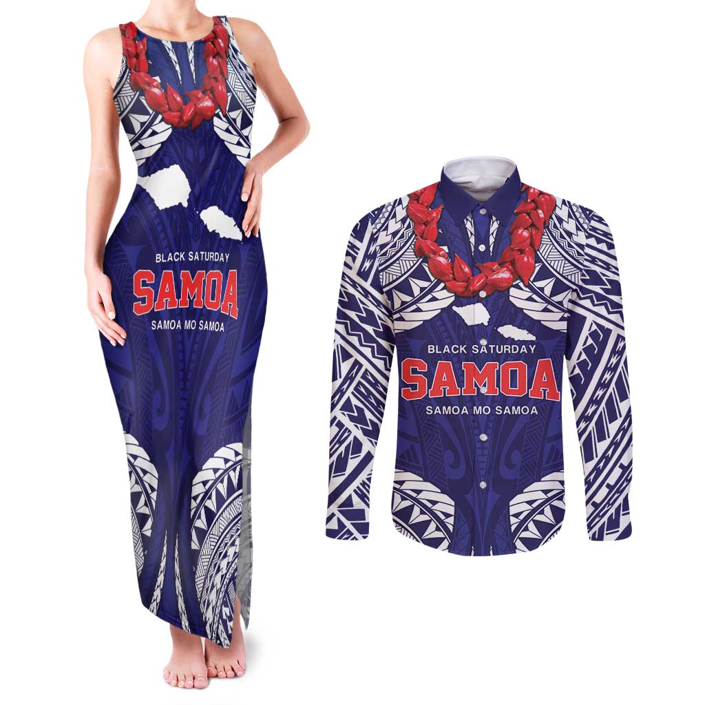 Samoa Black Saturday Couples Matching Tank Maxi Dress and Long Sleeve Button Shirt Samoa mo Samoa with Blue Ula Fala