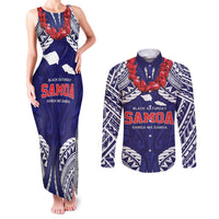 Samoa Black Saturday Couples Matching Tank Maxi Dress and Long Sleeve Button Shirt Samoa mo Samoa with Blue Ula Fala