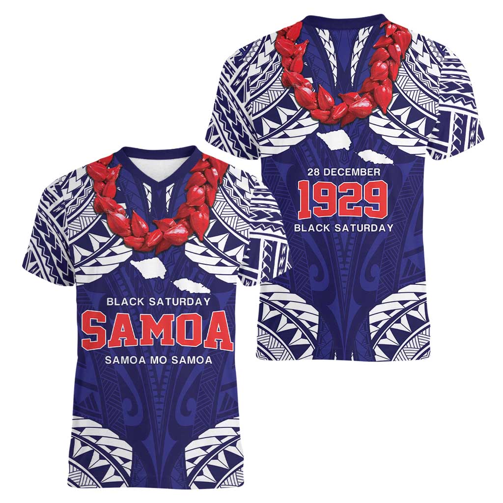 Samoa Black Saturday Women V-Neck T-Shirt Samoa mo Samoa with Blue Ula Fala