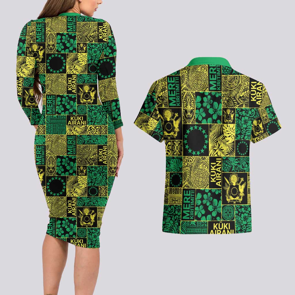 Cook Islands Mere Kiritimiti Couples Matching Long Sleeve Bodycon Dress and Hawaiian Shirt Pacific Patchwork Xmas Vibes - Polynesian Pride