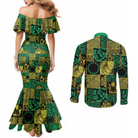 Cook Islands Mere Kiritimiti Couples Matching Mermaid Dress and Long Sleeve Button Shirt Pacific Patchwork Xmas Vibes - Polynesian Pride