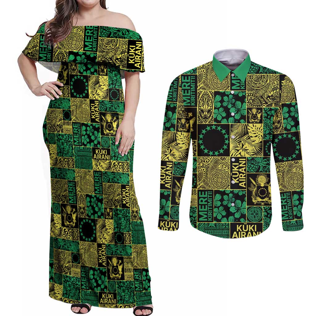 Cook Islands Mere Kiritimiti Couples Matching Off Shoulder Maxi Dress and Long Sleeve Button Shirt Pacific Patchwork Xmas Vibes - Polynesian Pride