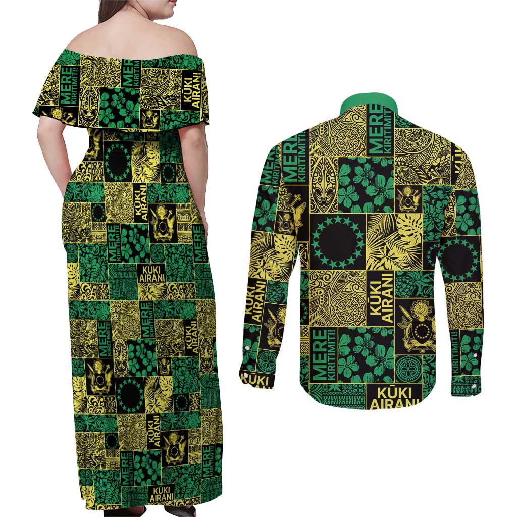 Cook Islands Mere Kiritimiti Couples Matching Off Shoulder Maxi Dress and Long Sleeve Button Shirt Pacific Patchwork Xmas Vibes - Polynesian Pride