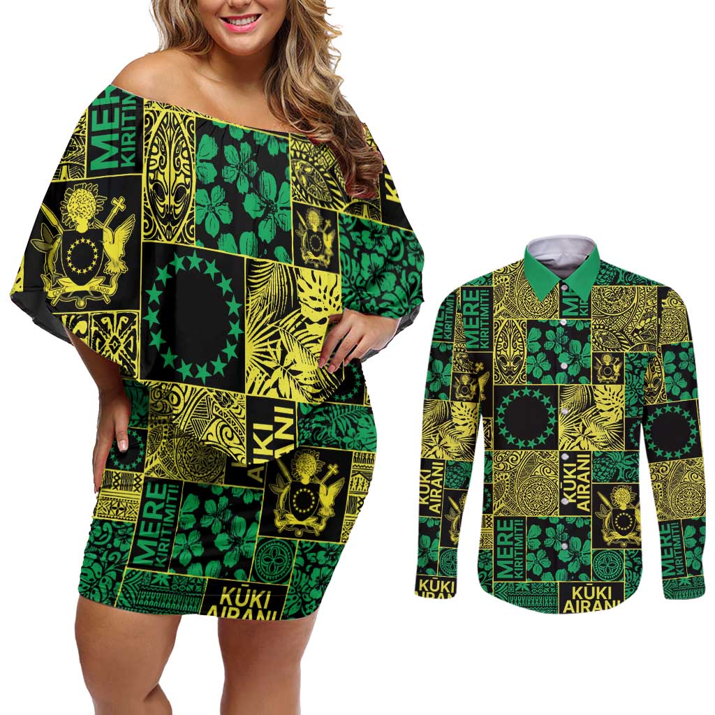 Cook Islands Mere Kiritimiti Couples Matching Off Shoulder Short Dress and Long Sleeve Button Shirt Pacific Patchwork Xmas Vibes - Polynesian Pride