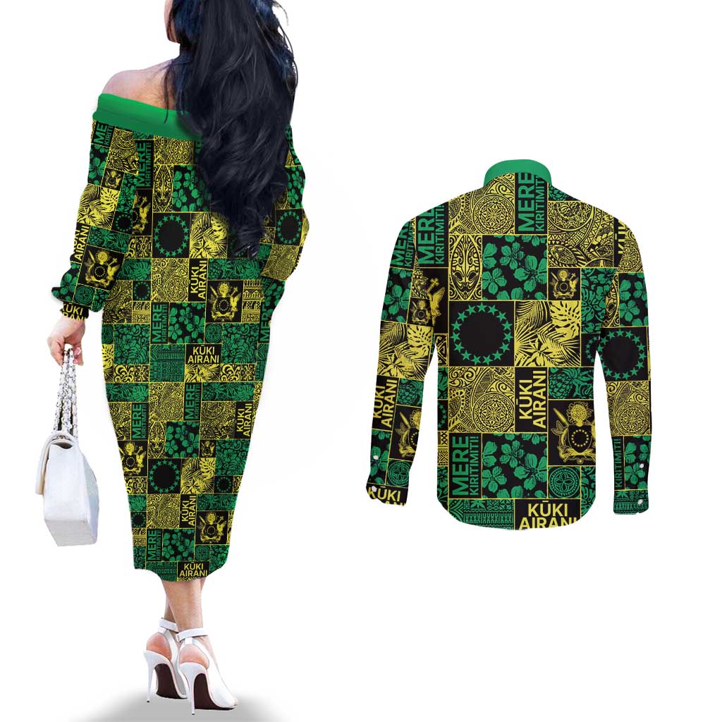 Cook Islands Mere Kiritimiti Couples Matching Off The Shoulder Long Sleeve Dress and Long Sleeve Button Shirt Pacific Patchwork Xmas Vibes - Polynesian Pride