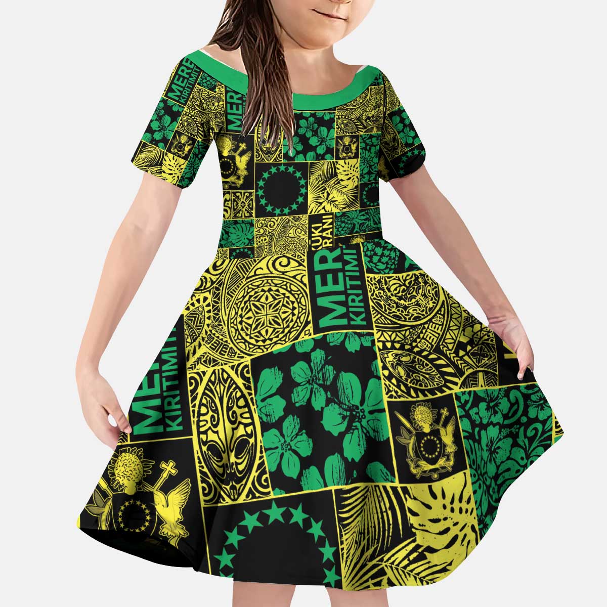 Cook Islands Mere Kiritimiti Kid Short Sleeve Dress Pacific Patchwork Xmas Vibes - Polynesian Pride