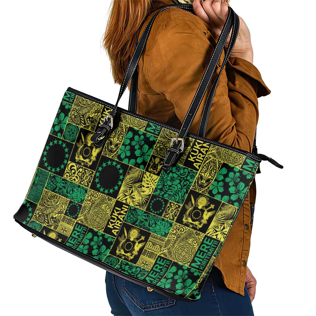 Cook Islands Mere Kiritimiti Leather Tote Bag Pacific Patchwork Xmas Vibes - Polynesian Pride