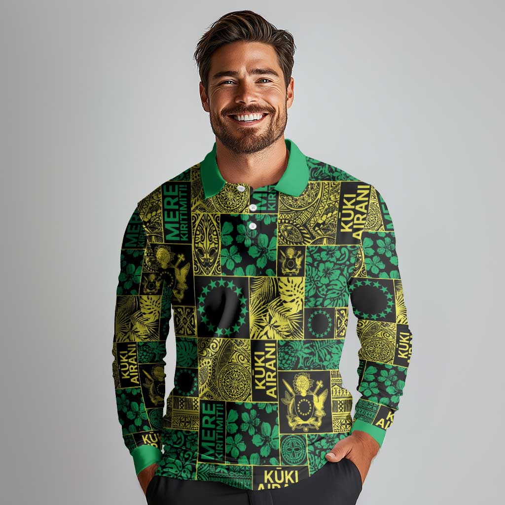 Cook Islands Mere Kiritimiti Long Sleeve Polo Shirt Pacific Patchwork Xmas Vibes - Polynesian Pride