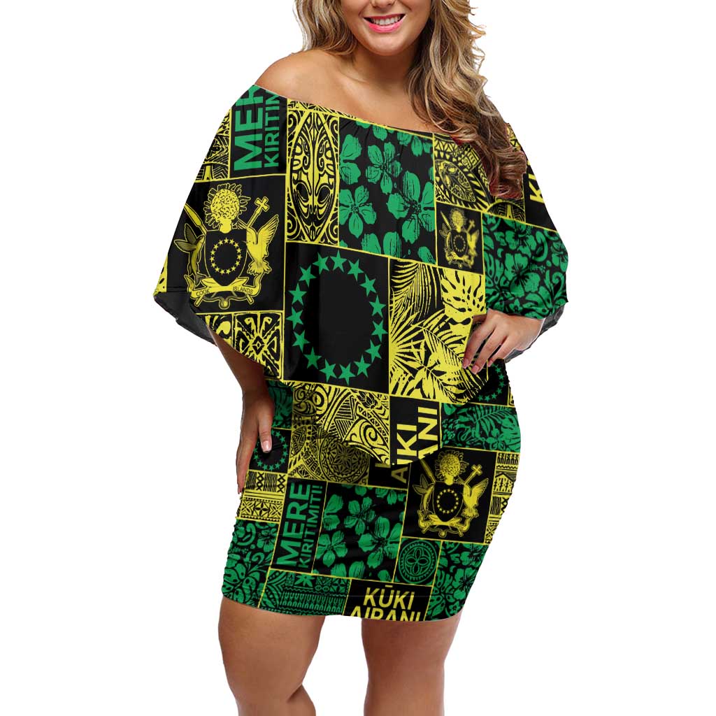 Cook Islands Mere Kiritimiti Off Shoulder Short Dress Pacific Patchwork Xmas Vibes - Polynesian Pride