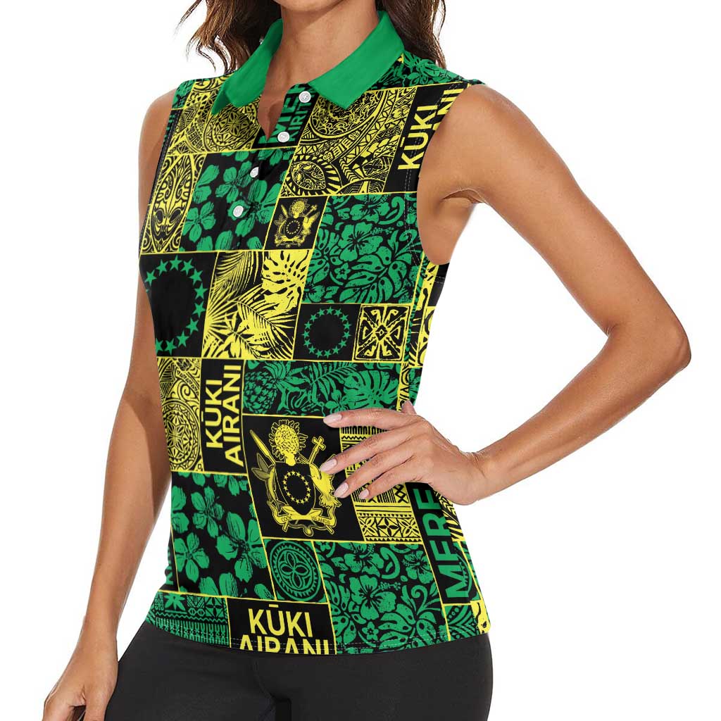 Cook Islands Mere Kiritimiti Women Sleeveless Polo Shirt Pacific Patchwork Xmas Vibes - Polynesian Pride