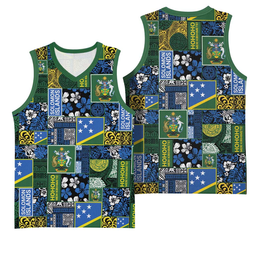 Solomon Islands Meri Kirihimete Basketball Jersey Pacific Patchwork Xmas Vibes - Polynesian Pride