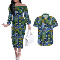 Solomon Islands Meri Kirihimete Couples Matching Off The Shoulder Long Sleeve Dress and Hawaiian Shirt Pacific Patchwork Xmas Vibes - Polynesian Pride
