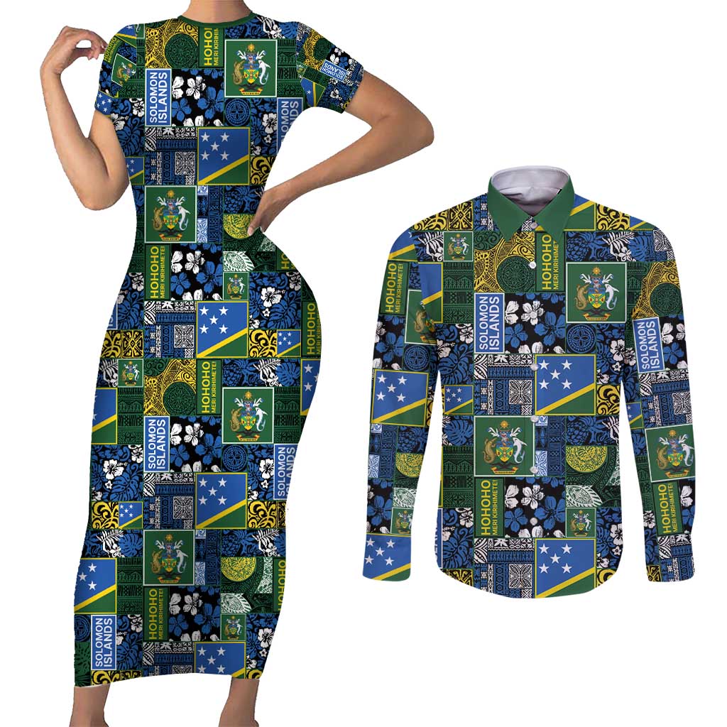 Solomon Islands Meri Kirihimete Couples Matching Short Sleeve Bodycon Dress and Long Sleeve Button Shirt Pacific Patchwork Xmas Vibes - Polynesian Pride