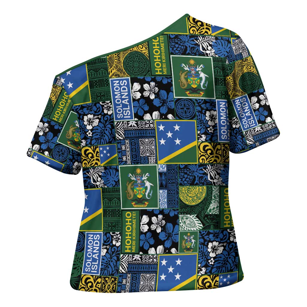 Solomon Islands Meri Kirihimete Cross Shoulder Shirt Pacific Patchwork Xmas Vibes - Polynesian Pride