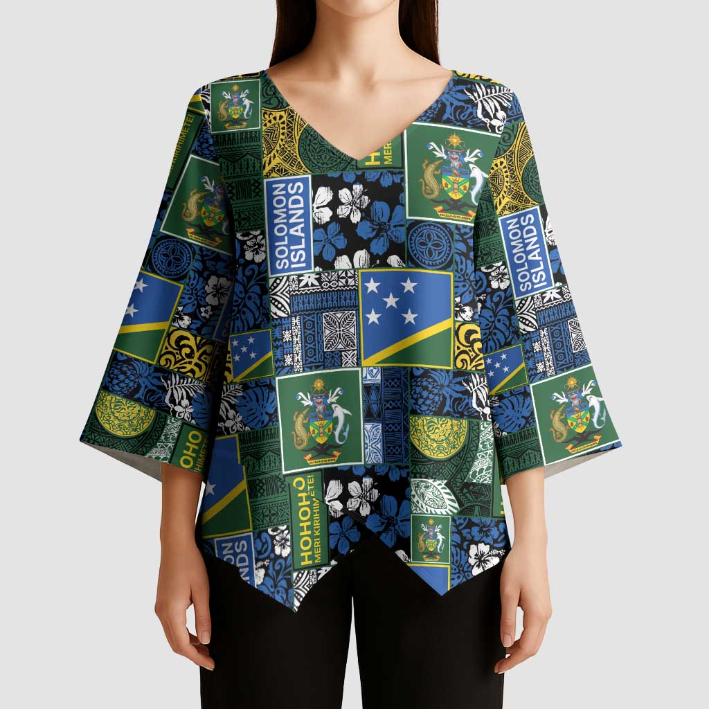 Solomon Islands Meri Kirihimete Kimono Sleeve Blouse Pacific Patchwork Xmas Vibes - Polynesian Pride