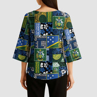 Solomon Islands Meri Kirihimete Kimono Sleeve Blouse Pacific Patchwork Xmas Vibes - Polynesian Pride