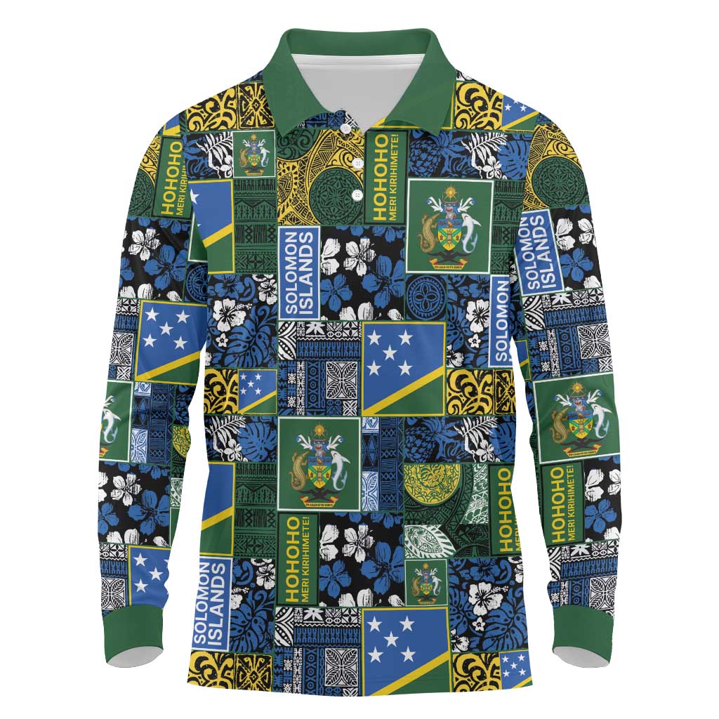 Solomon Islands Meri Kirihimete Long Sleeve Polo Shirt Pacific Patchwork Xmas Vibes - Polynesian Pride