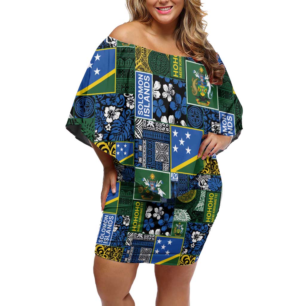 Solomon Islands Meri Kirihimete Off Shoulder Short Dress Pacific Patchwork Xmas Vibes - Polynesian Pride