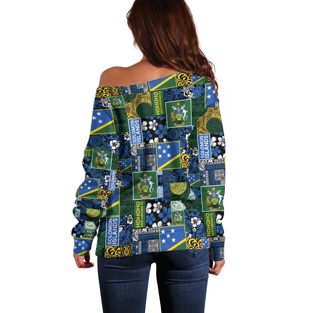 Solomon Islands Meri Kirihimete Off Shoulder Sweater Pacific Patchwork Xmas Vibes - Polynesian Pride