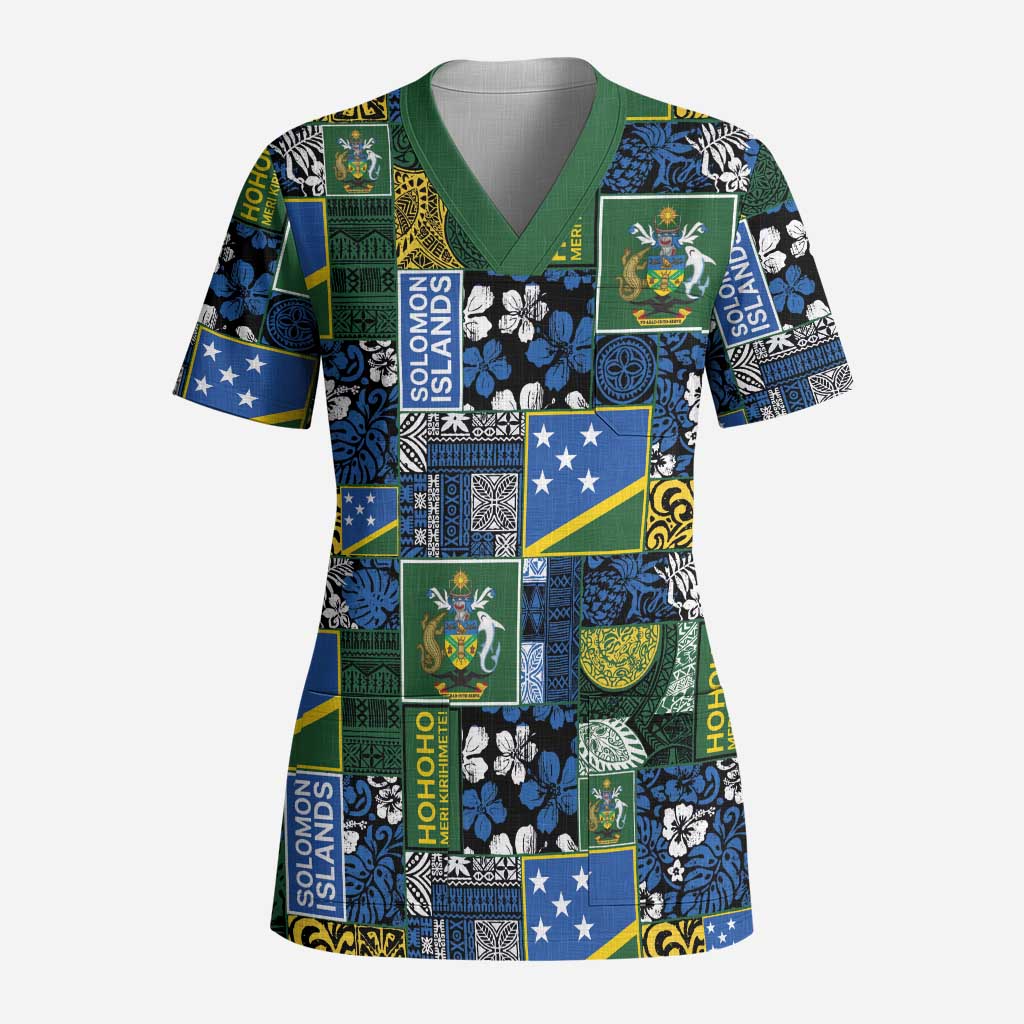 Solomon Islands Meri Kirihimete Scrub Top Pacific Patchwork Xmas Vibes - Polynesian Pride