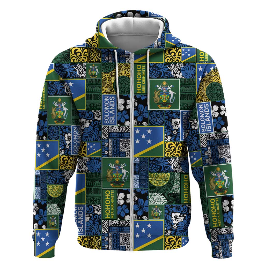 Solomon Islands Meri Kirihimete Zip Hoodie Pacific Patchwork Xmas Vibes - Polynesian Pride