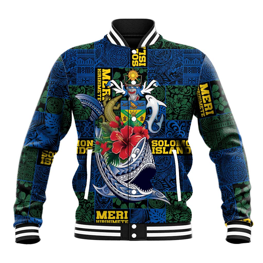 Solomon Islands Meri Kirihimete Baseball Jacket Funny Santa Riding Shark - Polynesian Pride