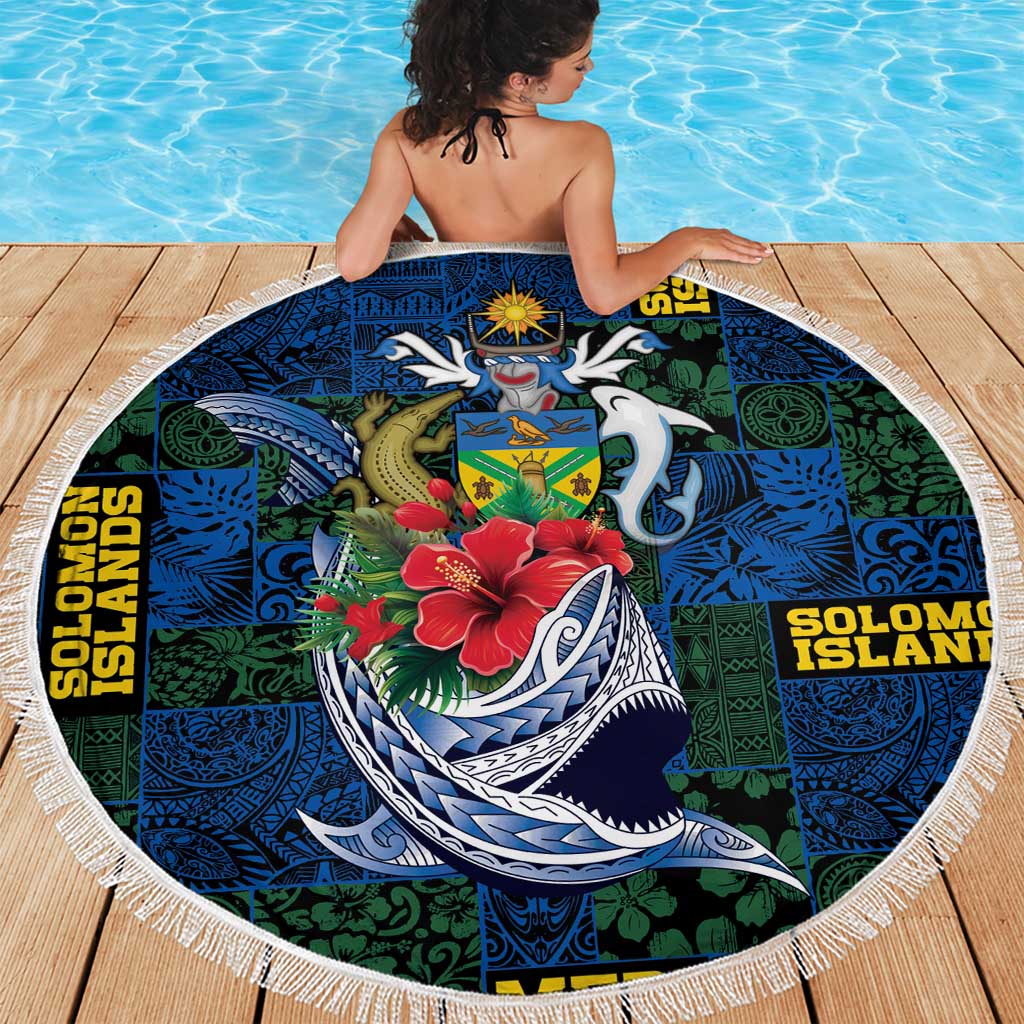 Solomon Islands Meri Kirihimete Beach Blanket Funny Santa Riding Shark - Polynesian Pride