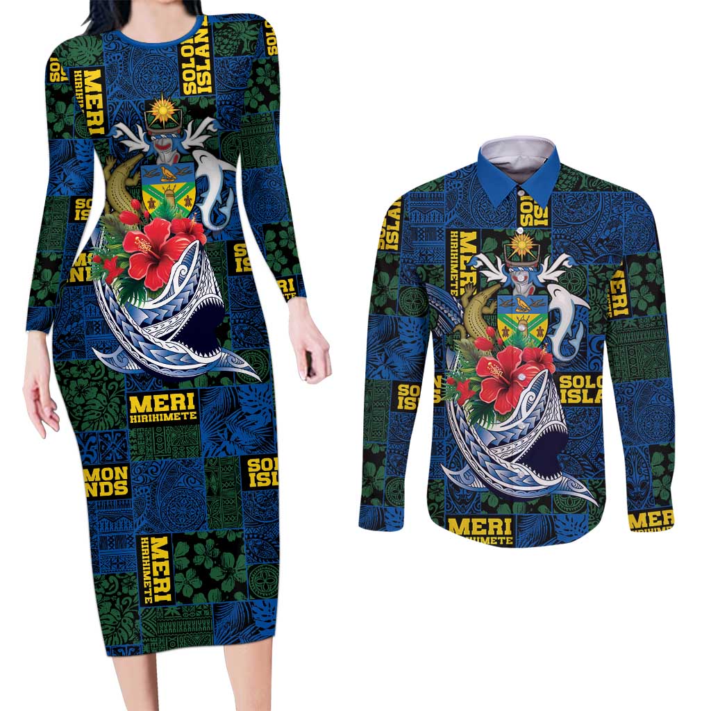 Solomon Islands Meri Kirihimete Couples Matching Long Sleeve Bodycon Dress and Long Sleeve Button Shirt Funny Santa Riding Shark - Polynesian Pride