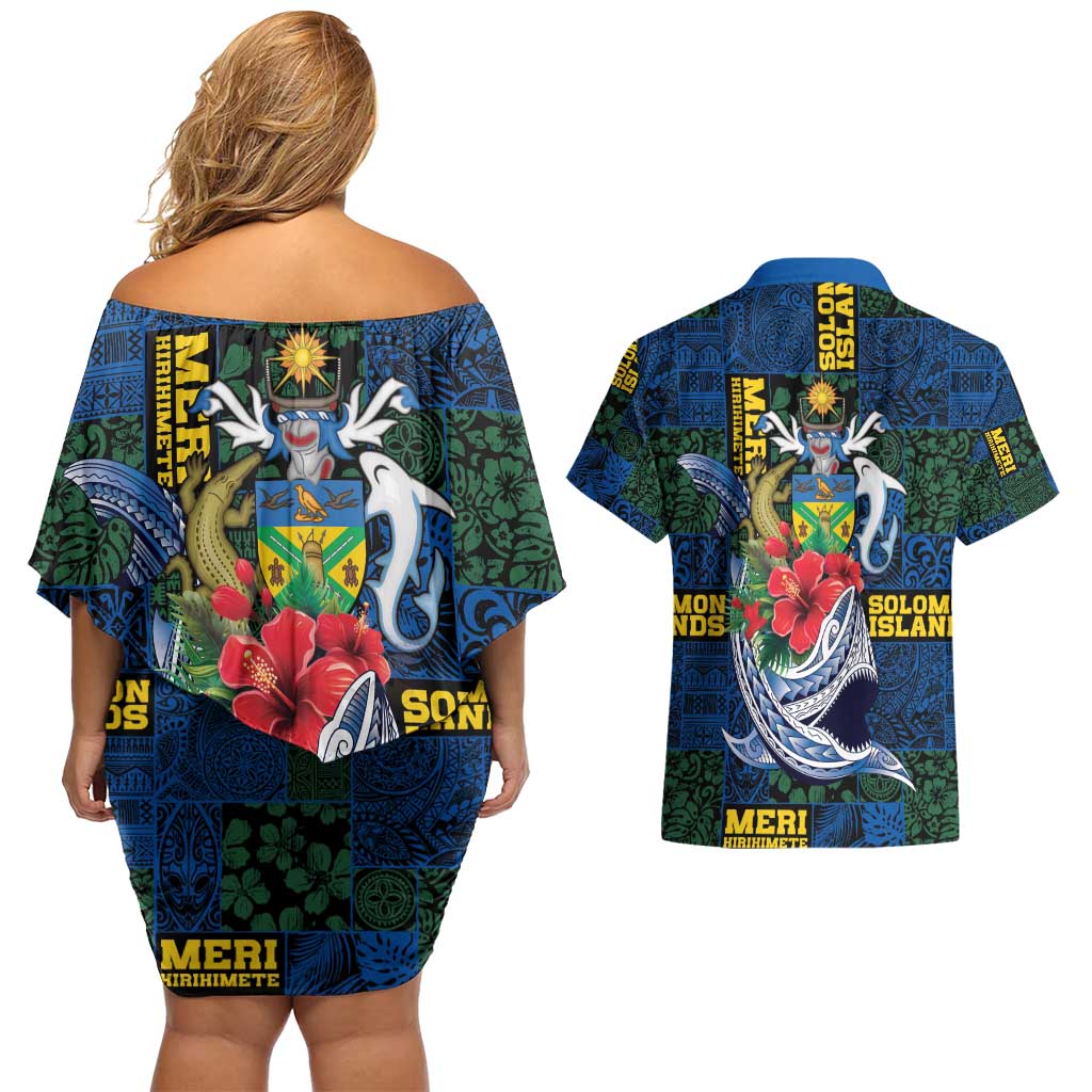 Solomon Islands Meri Kirihimete Couples Matching Off Shoulder Short Dress and Hawaiian Shirt Funny Santa Riding Shark - Polynesian Pride
