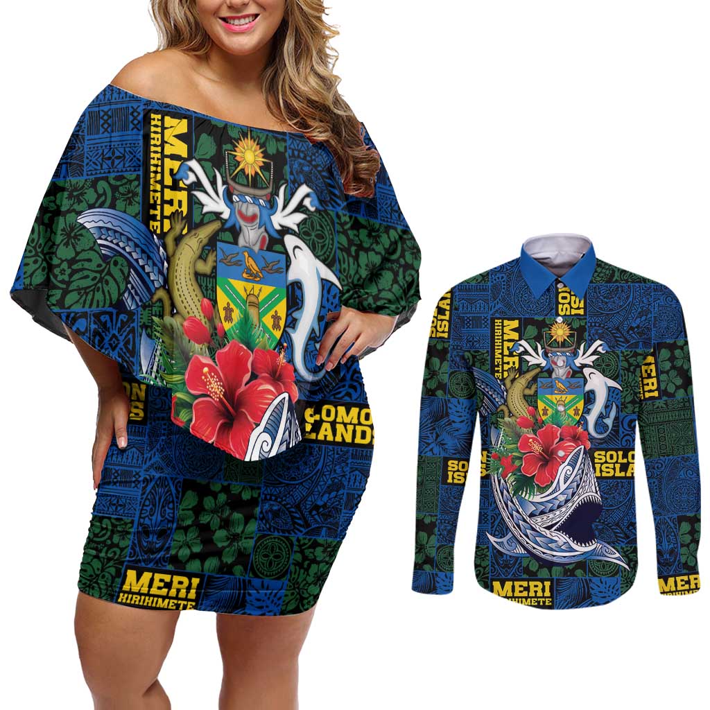 Solomon Islands Meri Kirihimete Couples Matching Off Shoulder Short Dress and Long Sleeve Button Shirt Funny Santa Riding Shark - Polynesian Pride