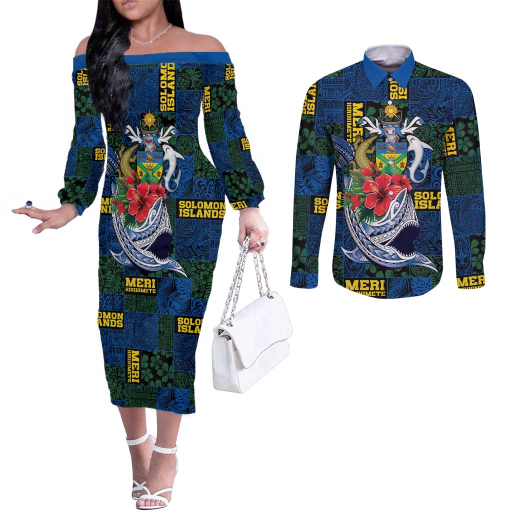 Solomon Islands Meri Kirihimete Couples Matching Off The Shoulder Long Sleeve Dress and Long Sleeve Button Shirt Funny Santa Riding Shark - Polynesian Pride