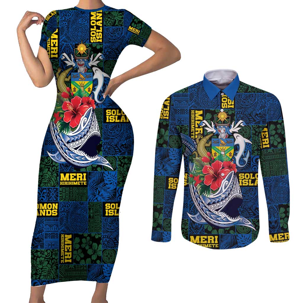 Solomon Islands Meri Kirihimete Couples Matching Short Sleeve Bodycon Dress and Long Sleeve Button Shirt Funny Santa Riding Shark - Polynesian Pride