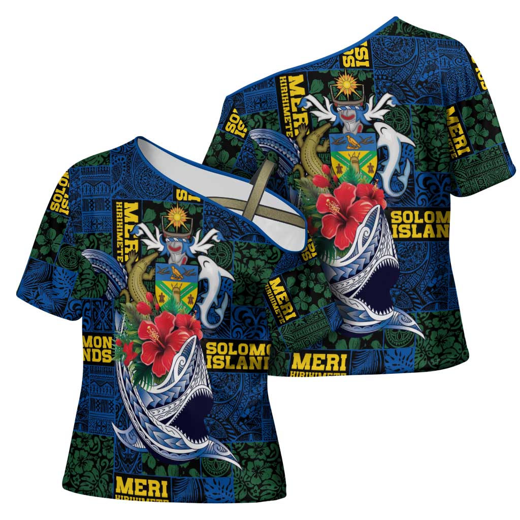 Solomon Islands Meri Kirihimete Cross Shoulder Shirt Funny Santa Riding Shark - Polynesian Pride