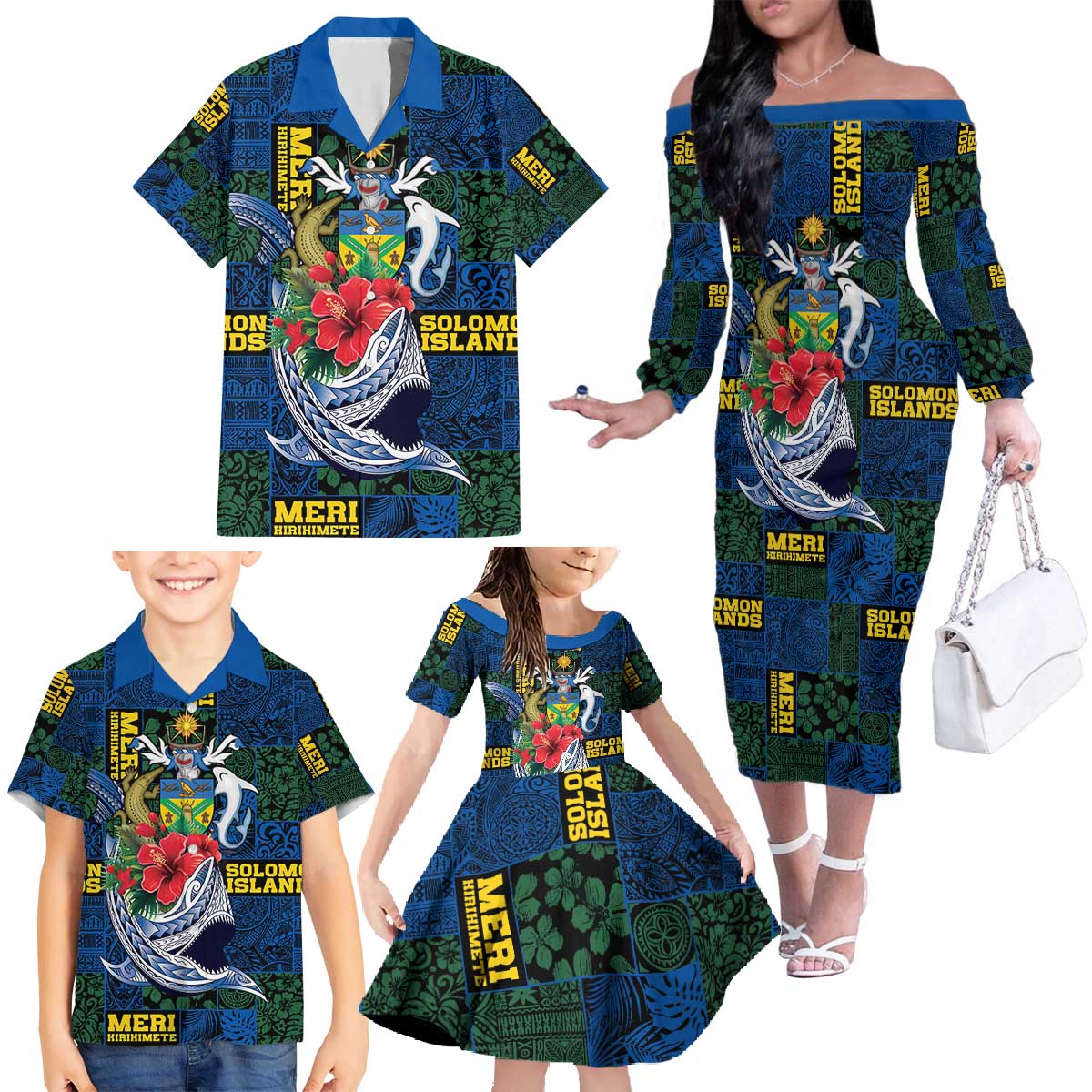 Solomon Islands Meri Kirihimete Family Matching Off The Shoulder Long Sleeve Dress and Hawaiian Shirt Funny Santa Riding Shark - Polynesian Pride