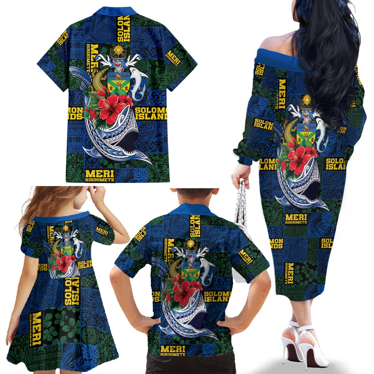 Solomon Islands Meri Kirihimete Family Matching Off The Shoulder Long Sleeve Dress and Hawaiian Shirt Funny Santa Riding Shark - Polynesian Pride