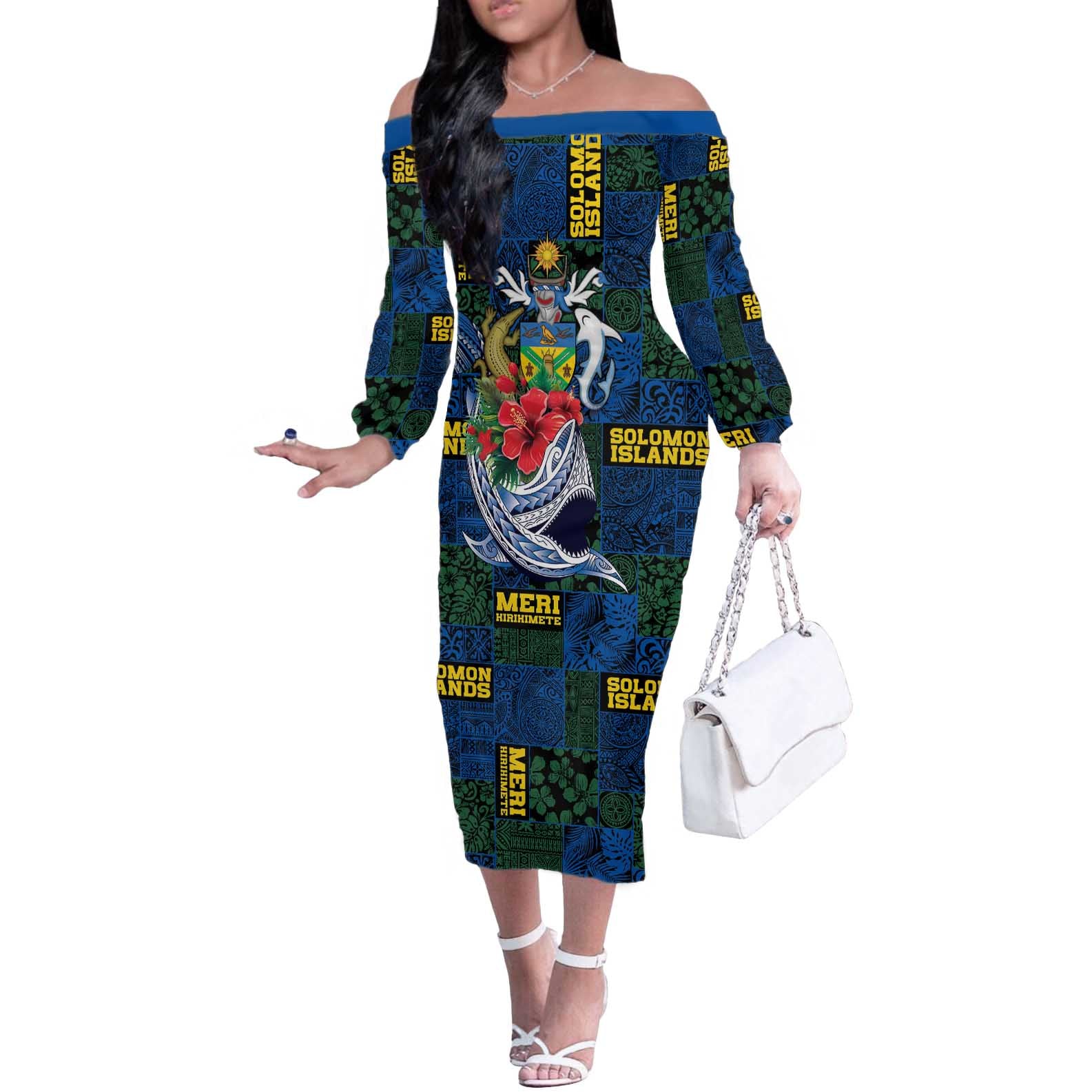 Solomon Islands Meri Kirihimete Off The Shoulder Long Sleeve Dress Funny Santa Riding Shark - Polynesian Pride