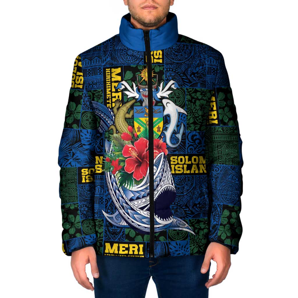 Solomon Islands Meri Kirihimete Padded Jacket Funny Santa Riding Shark - Polynesian Pride