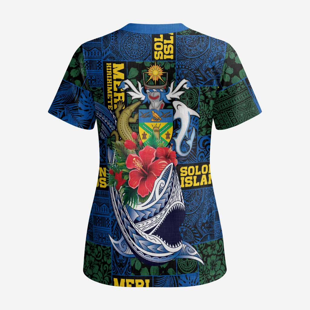 Solomon Islands Meri Kirihimete Scrub Top Funny Santa Riding Shark - Polynesian Pride