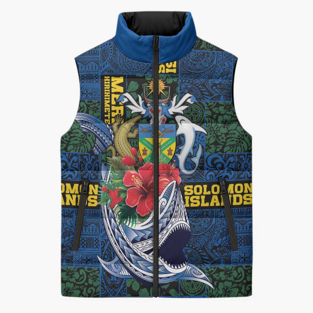 Solomon Islands Meri Kirihimete Sleeveless Puffer Jacket Funny Santa Riding Shark - Polynesian Pride