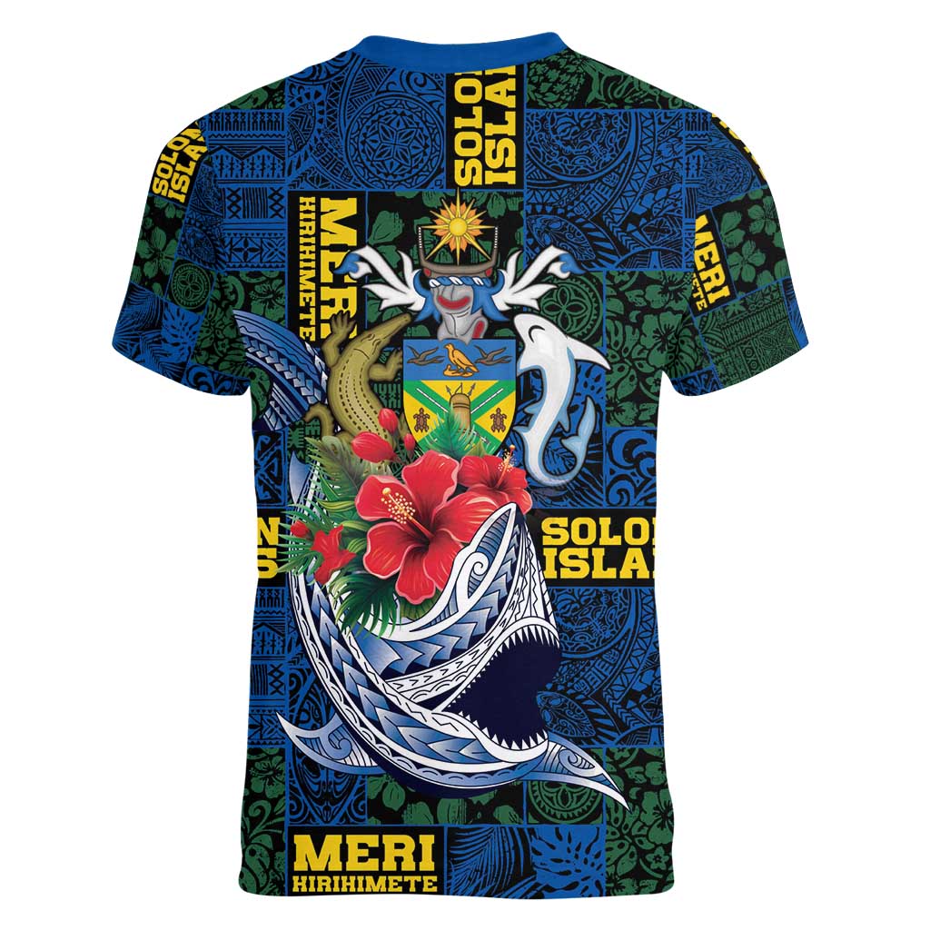 Solomon Islands Meri Kirihimete Women V-Neck T-Shirt Funny Santa Riding Shark - Polynesian Pride