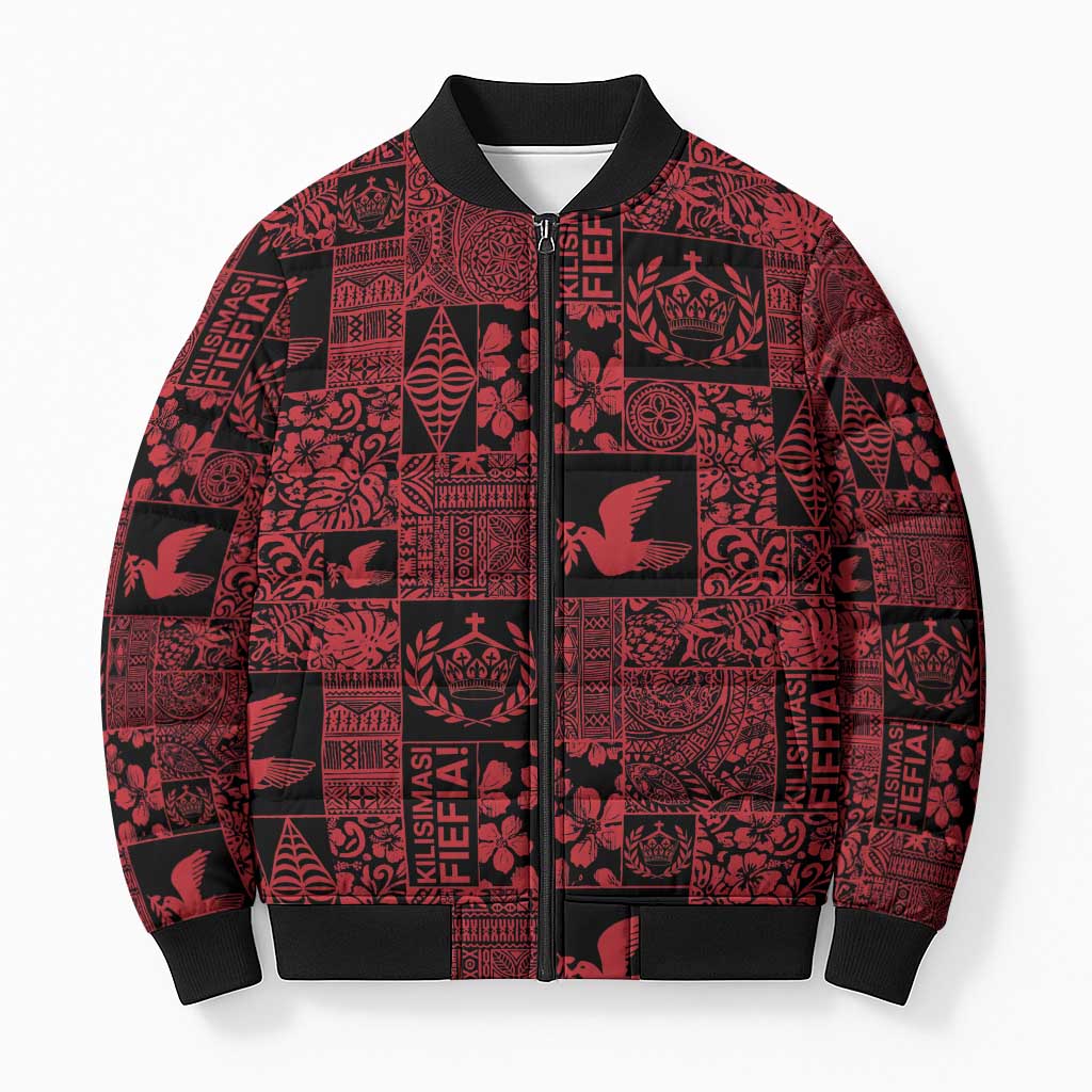 Black Tonga Kilisimasi Fiefia Bomber Puffer Jacket Pacific Patchwork Xmas Vibes - Polynesian Pride