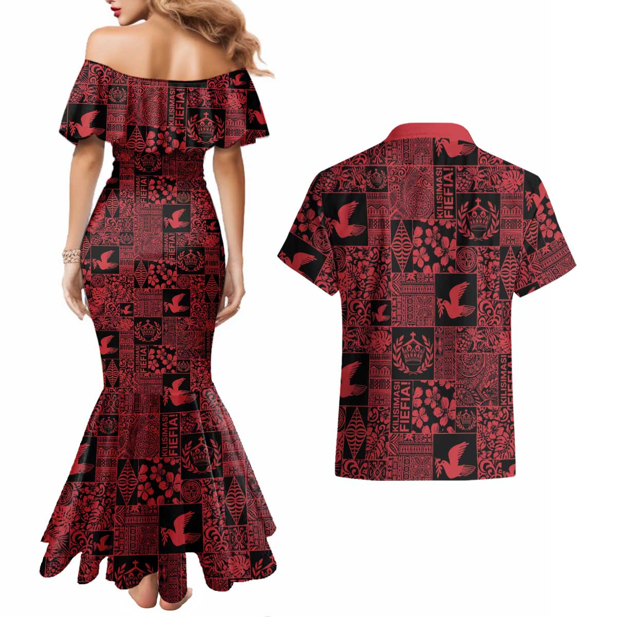 Black Tonga Kilisimasi Fiefia Couples Matching Mermaid Dress and Hawaiian Shirt Pacific Patchwork Xmas Vibes - Polynesian Pride