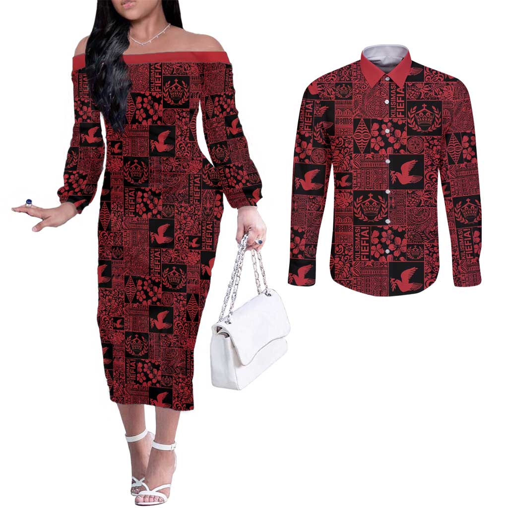 Black Tonga Kilisimasi Fiefia Couples Matching Off The Shoulder Long Sleeve Dress and Long Sleeve Button Shirt Pacific Patchwork Xmas Vibes - Polynesian Pride