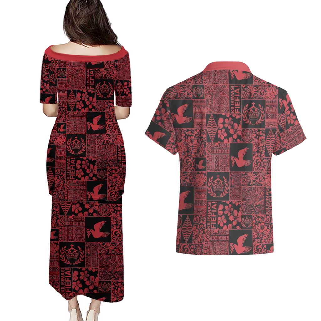 Black Tonga Kilisimasi Fiefia Couples Matching Puletasi and Hawaiian Shirt Pacific Patchwork Xmas Vibes - Polynesian Pride