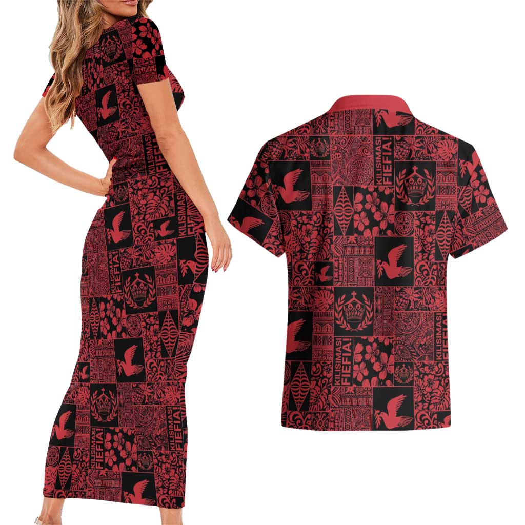 Black Tonga Kilisimasi Fiefia Couples Matching Short Sleeve Bodycon Dress and Hawaiian Shirt Pacific Patchwork Xmas Vibes - Polynesian Pride
