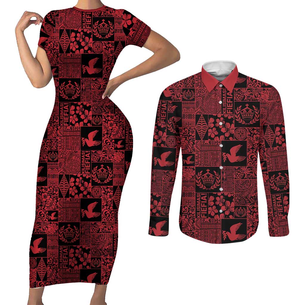 Black Tonga Kilisimasi Fiefia Couples Matching Short Sleeve Bodycon Dress and Long Sleeve Button Shirt Pacific Patchwork Xmas Vibes - Polynesian Pride
