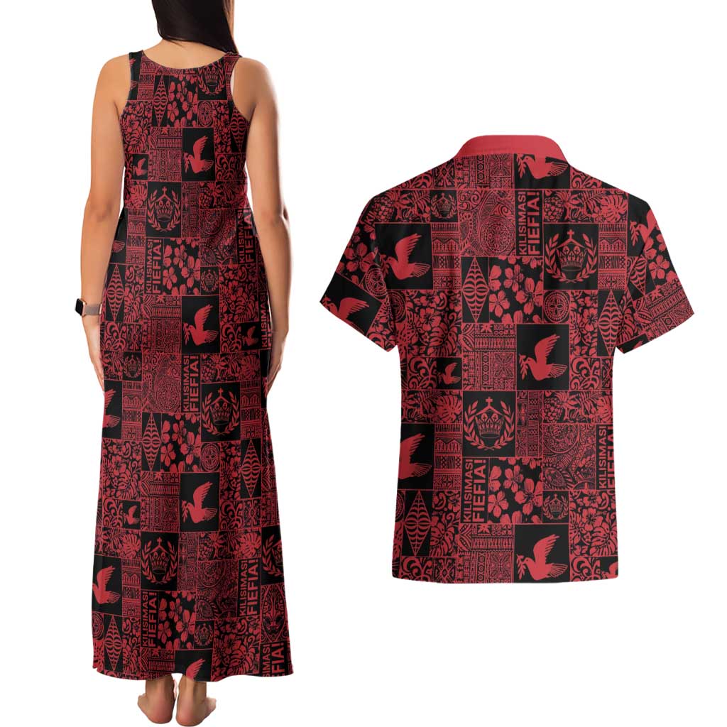 Black Tonga Kilisimasi Fiefia Couples Matching Tank Maxi Dress and Hawaiian Shirt Pacific Patchwork Xmas Vibes - Polynesian Pride